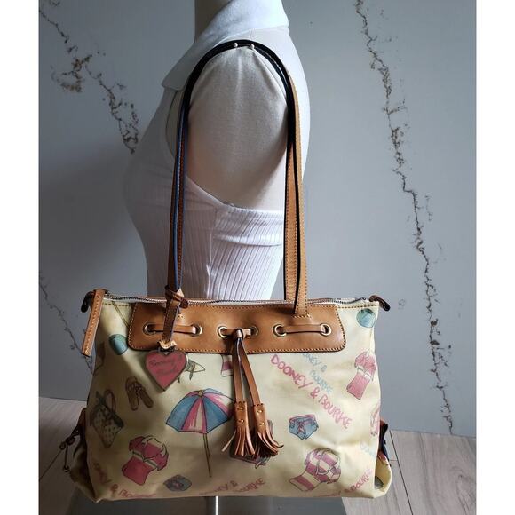 Dooney & Bourke Miami Beach Tote Bag Coated Canvas Leather Drawstring Purse